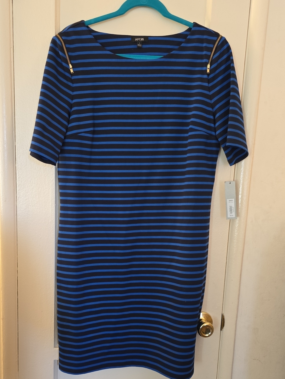 Apt. 9 Black and Blue Striped Midi Dress with Gold Shoulder Zips